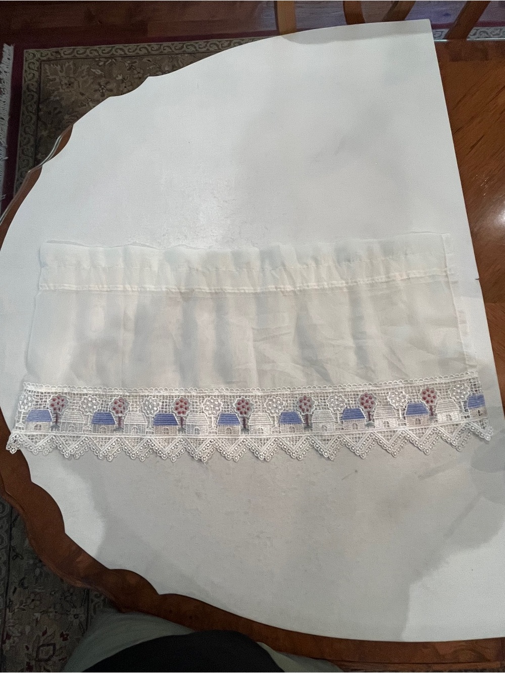 Vintage embroidered house & tree lace Trim sheer valance curtain. Adorable!